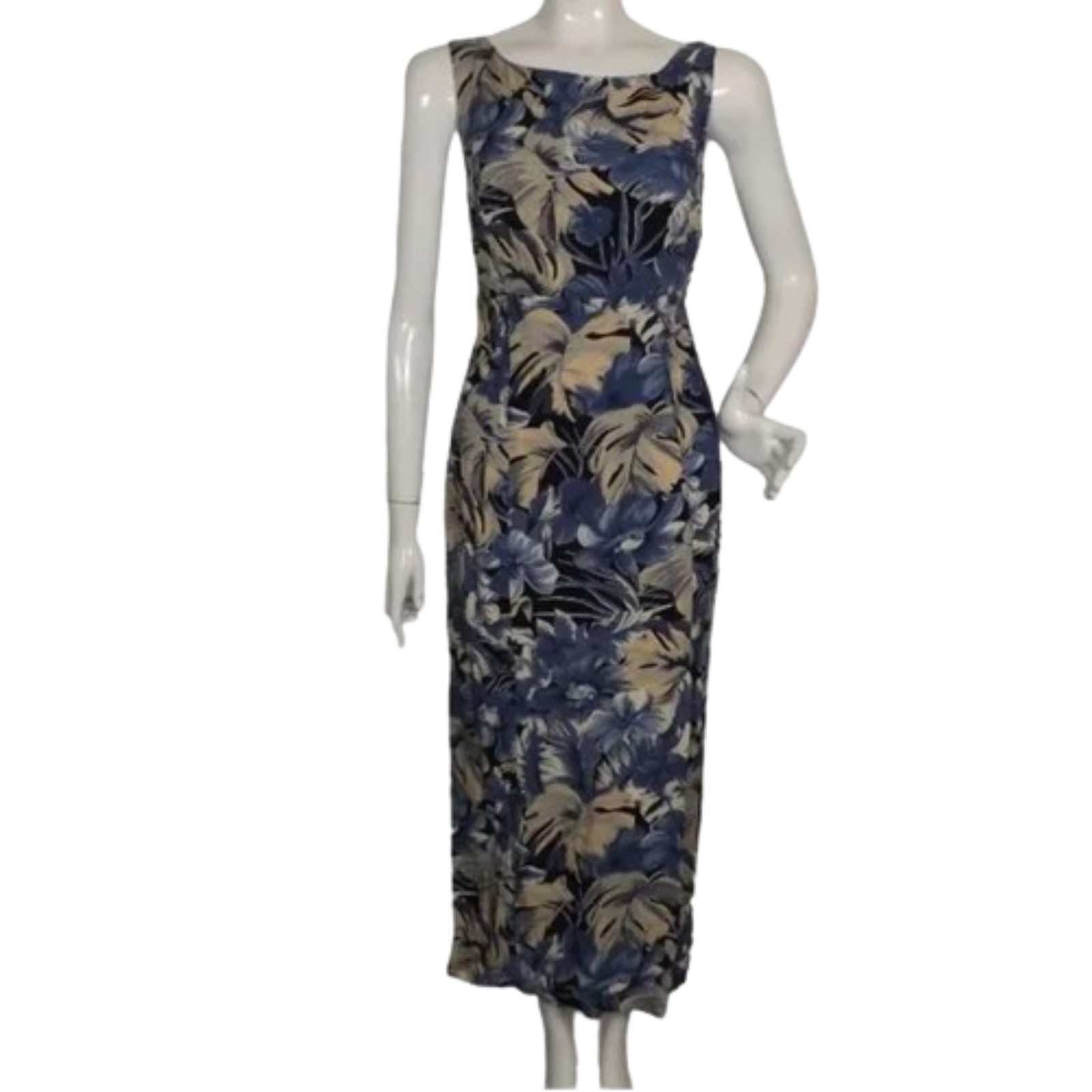 New Alyn Paige Dress, M/10, Blue, Leaf Print, Tie-Back, Midi/Maxi, Long Vent